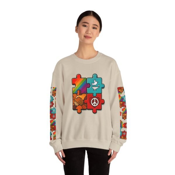 1971395079925491405_2048.jpeg Puzzle Peace Crewneck Sweatshirt - Cozy Unisex Fashion, LGBTQ+ Pride Gift, Friendship Sweatshirt, Casual Wear, Peaceful Vibes