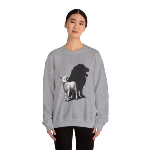 7491059548470687914_2048.jpeg Lamb and Lion Sweatshirt, Cozy Animal Graphic Crewneck, Unisex Gift for Nature Lovers, Perfect for Chill Days or Holidays