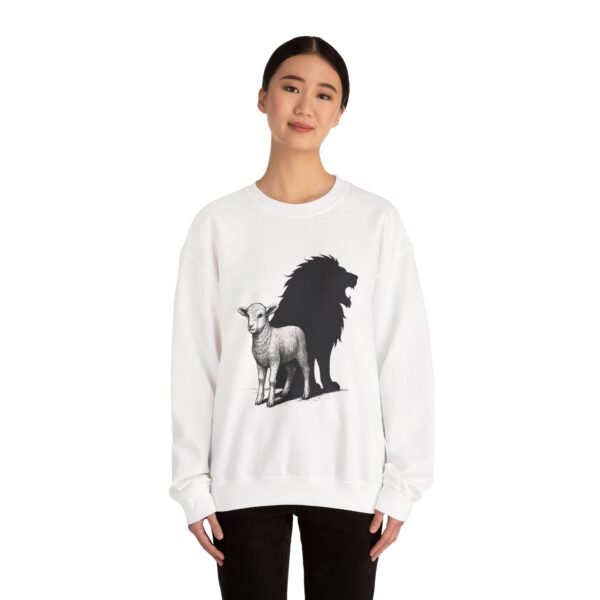8503517356323146993_2048.jpeg Lamb and Lion Sweatshirt, Cozy Animal Graphic Crewneck, Unisex Gift for Nature Lovers, Perfect for Chill Days or Holidays